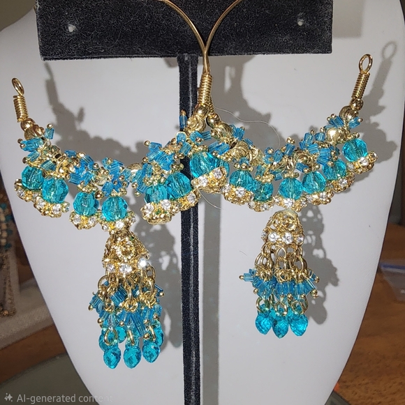 Jewelry - Jhumpka  Blue Beaded and Goldtone Dangle Hoop Pierced Earrings